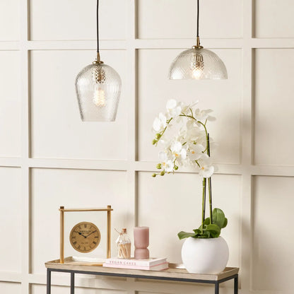 Hand-Cut Clear Glass Adjustable Dome Pendant Light with Diamond Pattern & Antique Brass Fittings 173x23x23cm | Click Style