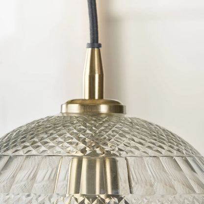 Hand-Cut Clear Glass Adjustable Dome Pendant Light with Diamond Pattern & Antique Brass Fittings 173x23x23cm | Click Style