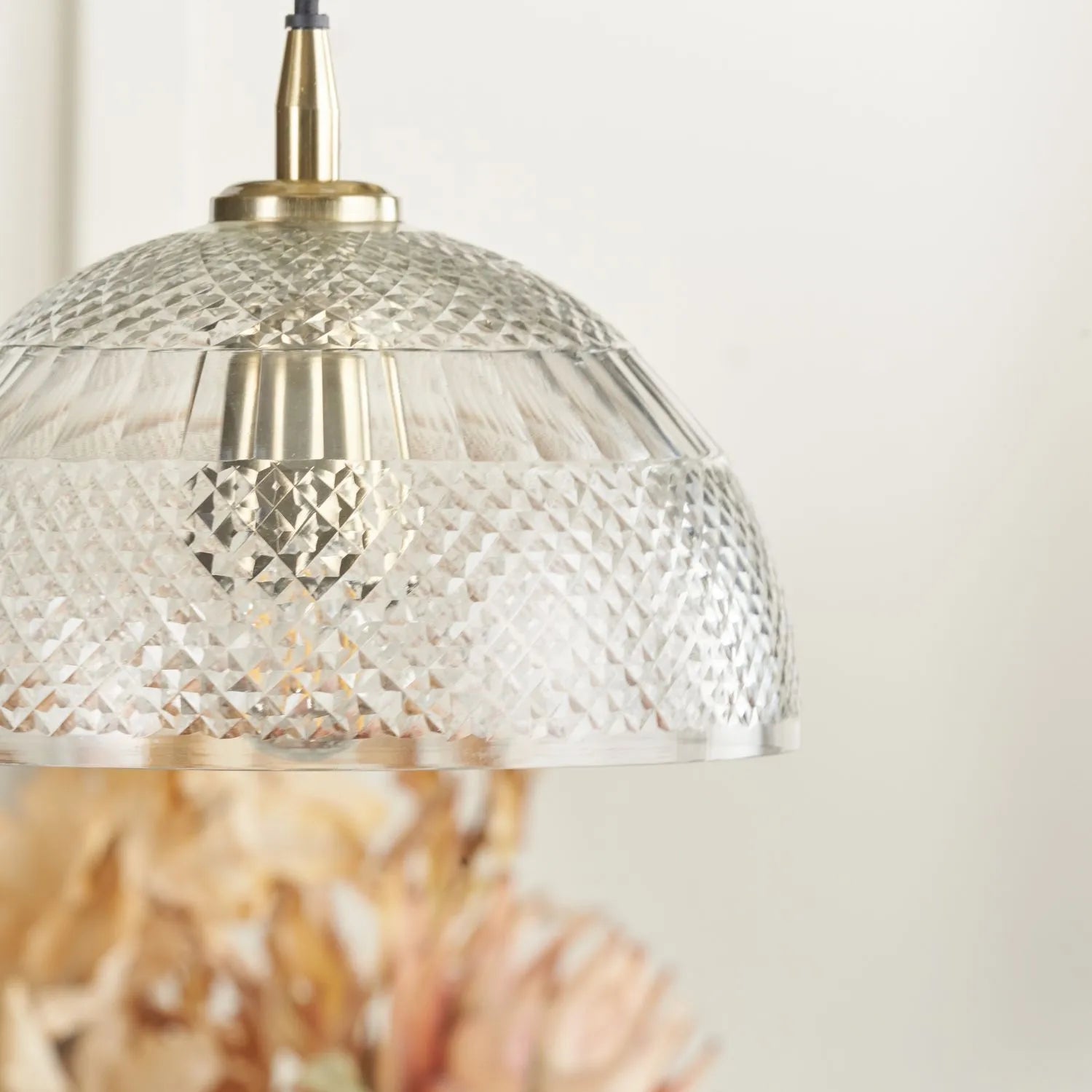 Hand-Cut Clear Glass Adjustable Dome Pendant Light with Diamond Pattern & Antique Brass Fittings 173x23x23cm | Click Style