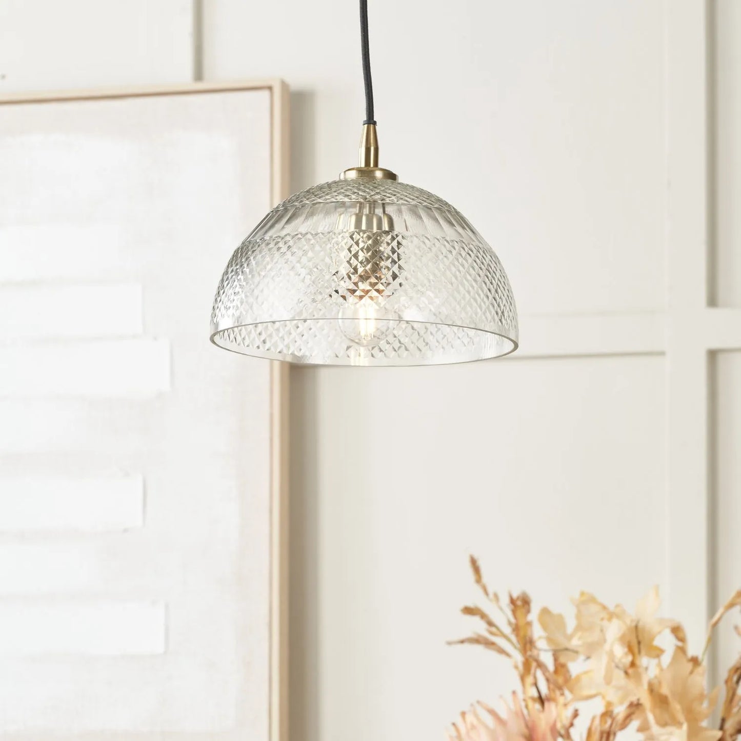 Hand-Cut Clear Glass Adjustable Dome Pendant Light with Diamond Pattern & Antique Brass Fittings 173x23x23cm | Click Style