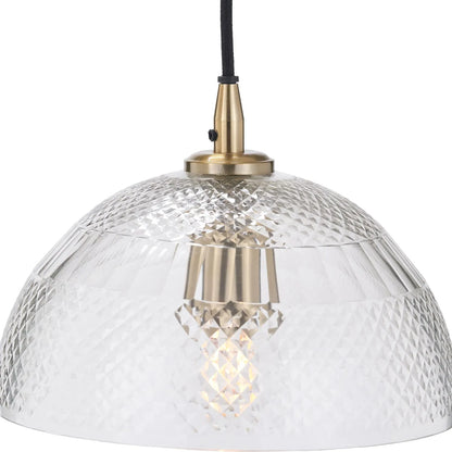 Hand-Cut Clear Glass Adjustable Dome Pendant Light with Diamond Pattern & Antique Brass Fittings 173x23x23cm | Click Style