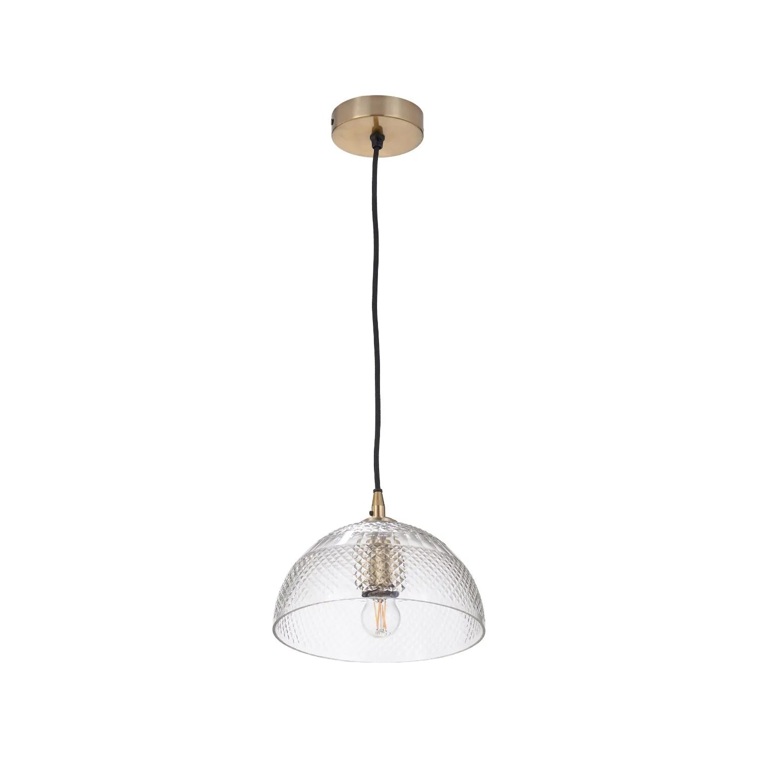 Hand-Cut Clear Glass Adjustable Dome Pendant Light with Diamond Pattern & Antique Brass Fittings 173x23x23cm | Click Style
