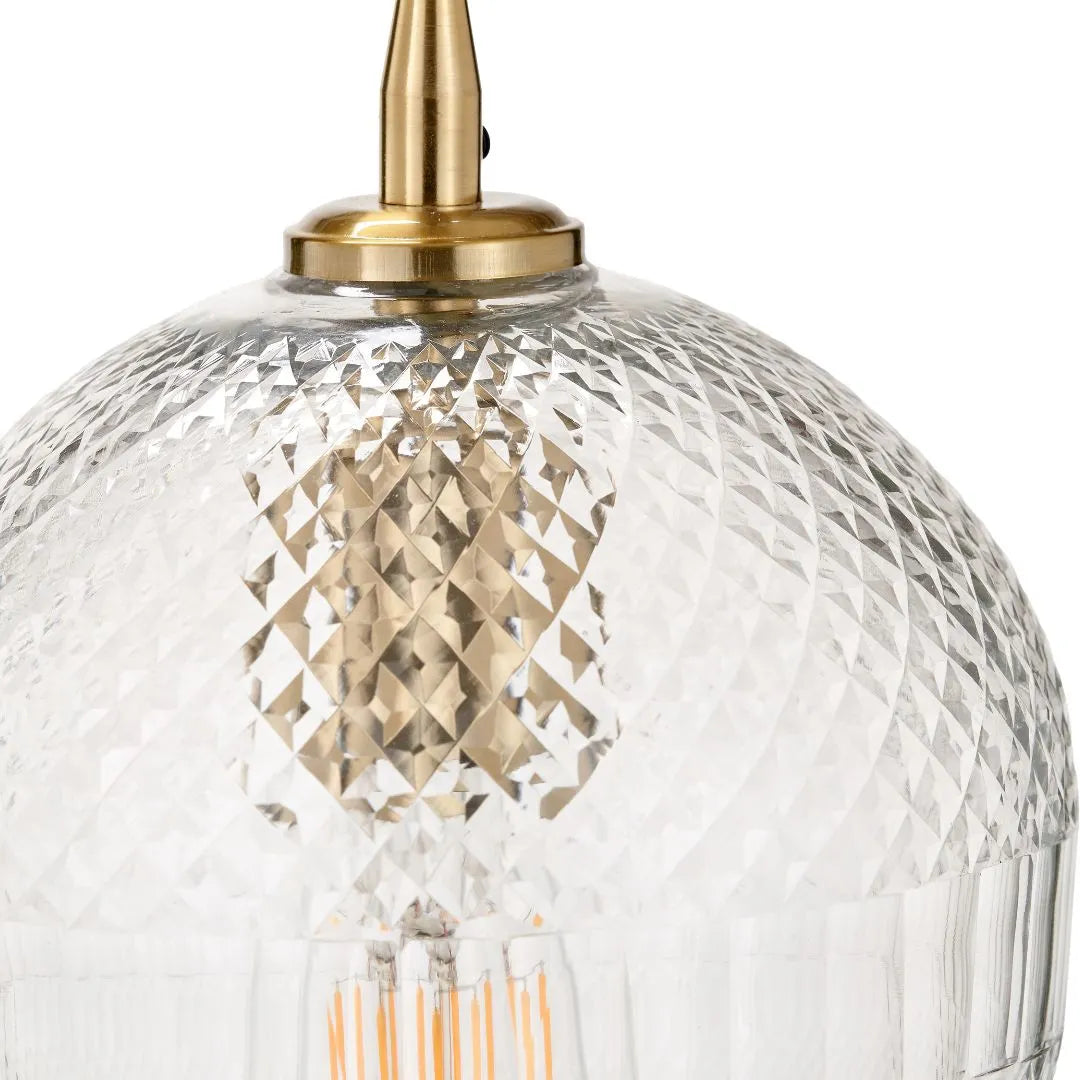 Hand-Cut Clear Glass Adjustable Pendant Light with Diamond Pattern & Antique Brass Fittings 180x18x18cm | Click Style