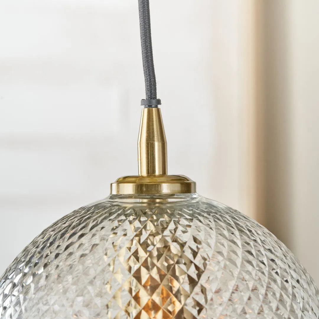 Hand-Cut Clear Glass Adjustable Pendant Light with Diamond Pattern & Antique Brass Fittings 180x18x18cm | Click Style