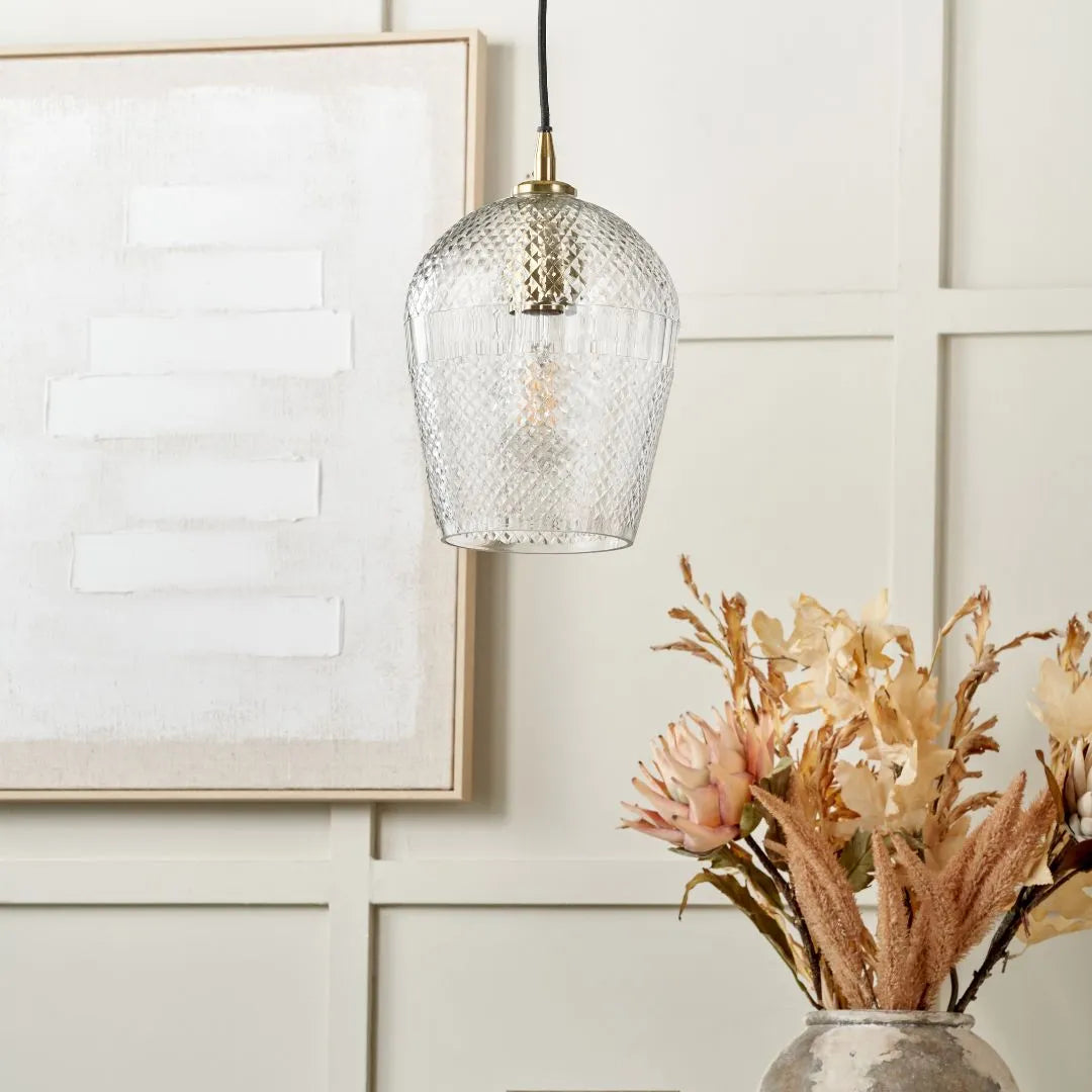 Hand-Cut Clear Glass Adjustable Pendant Light with Diamond Pattern & Antique Brass Fittings 180x18x18cm | Click Style