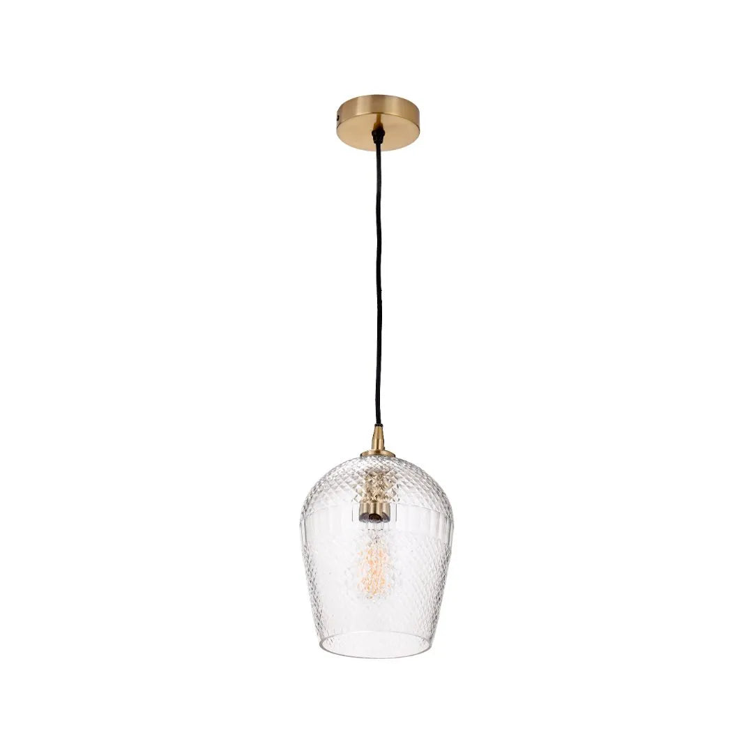 Hand-Cut Clear Glass Adjustable Pendant Light with Diamond Pattern & Antique Brass Fittings 180x18x18cm | Click Style