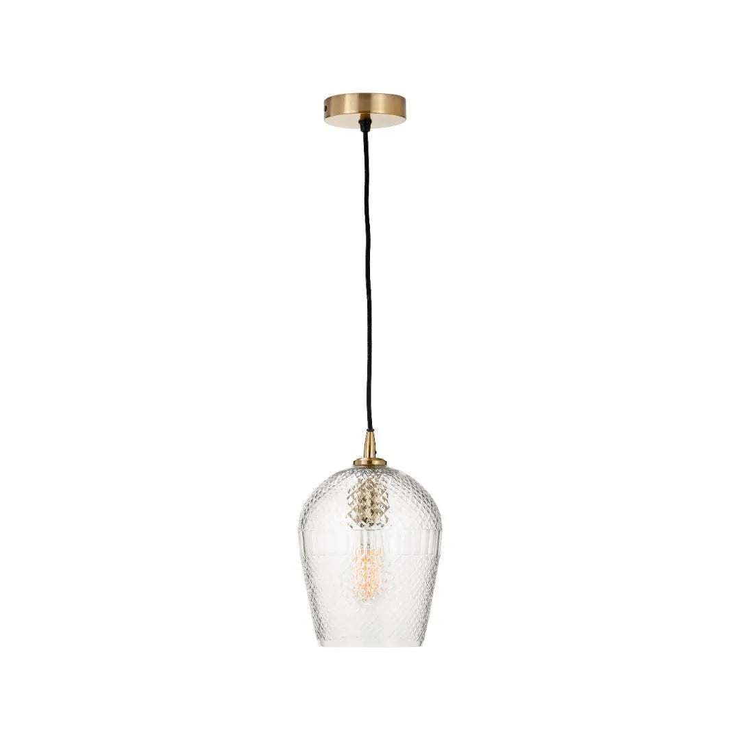 Hand-Cut Clear Glass Adjustable Pendant Light with Diamond Pattern & Antique Brass Fittings 180x18x18cm | Click Style