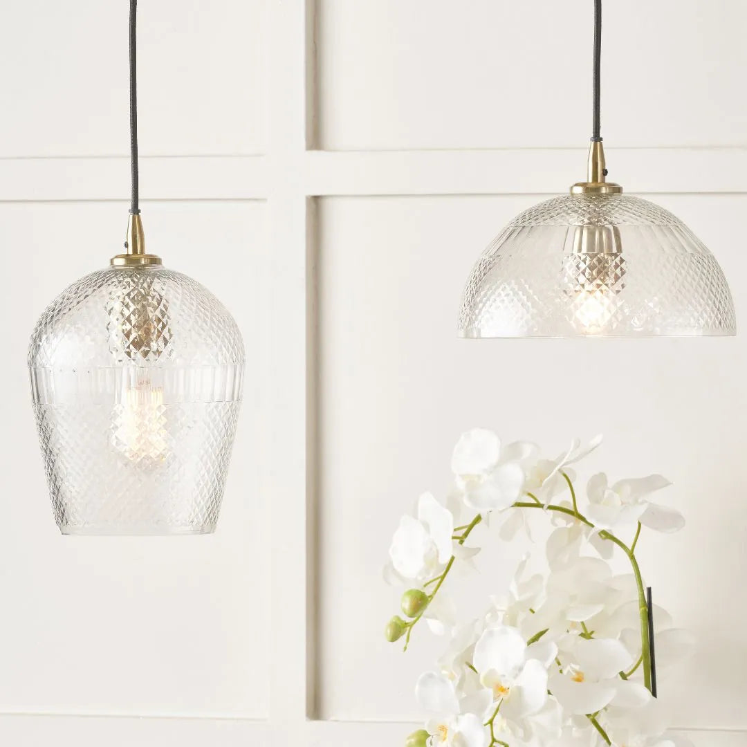 Hand-Cut Clear Glass Adjustable Pendant Light with Diamond Pattern & Antique Brass Fittings 180x18x18cm | Click Style