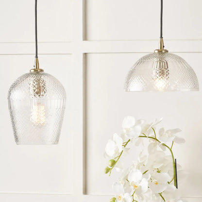Hand-Cut Clear Glass Adjustable Pendant Light with Diamond Pattern & Antique Brass Fittings 180x18x18cm | Click Style