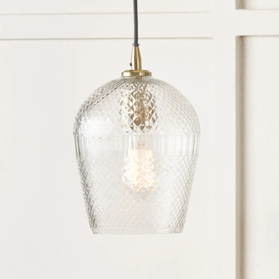 Hand-Cut Clear Glass Adjustable Pendant Light with Diamond Pattern & Antique Brass Fittings 180x18x18cm | Click Style
