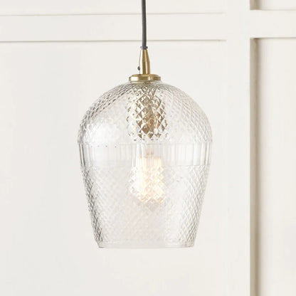 Hand-Cut Clear Glass Adjustable Pendant Light with Diamond Pattern & Antique Brass Fittings 180x18x18cm | Click Style