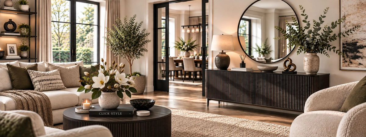 Contemporary Home Interiors with Dark Wood Furniture, Round Wall Mirror, Table Lamp, Artificial Flowers, Neutral Artwork & Decorative Home Accessories | Click Style