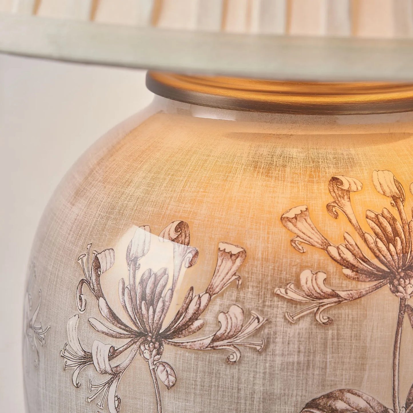 Jenny Worrall Honeysuckle & Foliage cream champagne gold glass table lamp base with bulbous shape and antique brass feet – handcrafted floral luxury lighting H35xW20xD20cm | Click Style