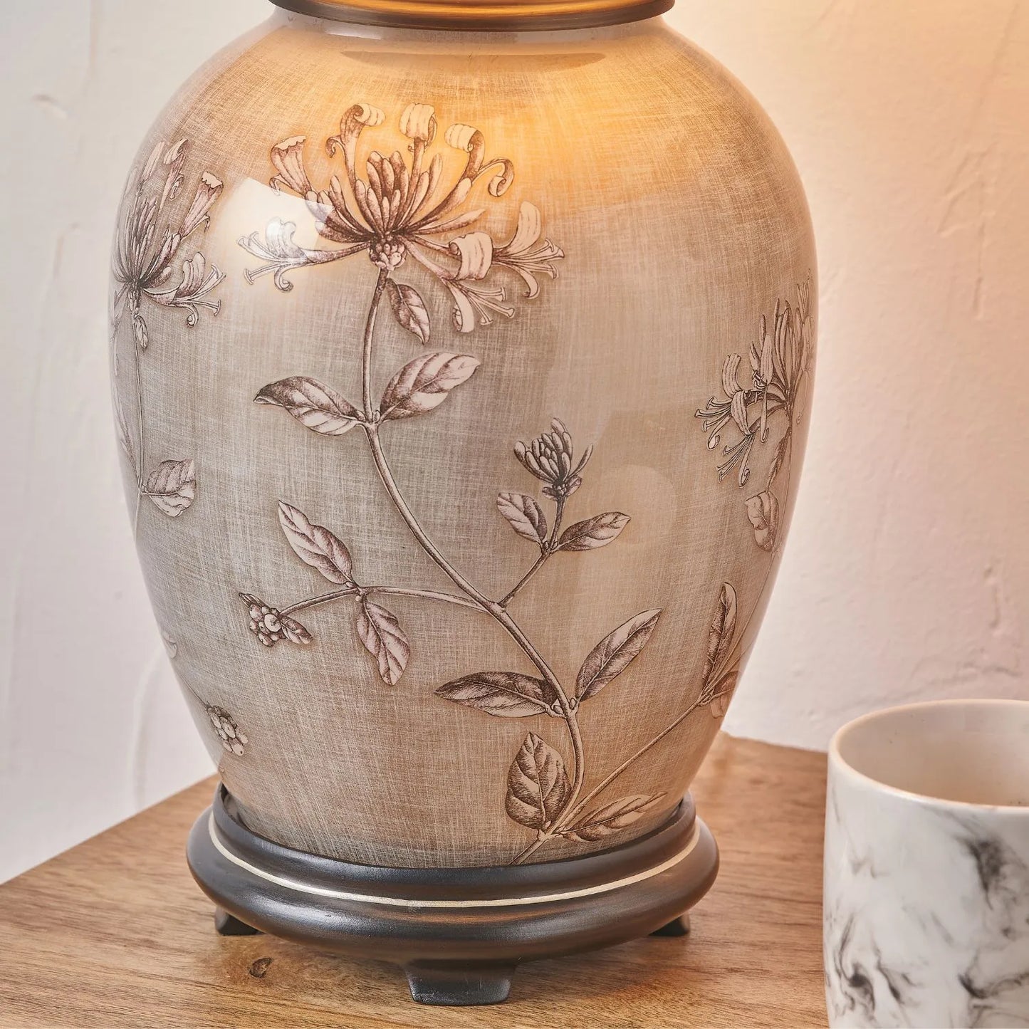 Jenny Worrall Honeysuckle & Foliage cream champagne gold glass table lamp base with bulbous shape and antique brass feet – handcrafted floral luxury lighting H35xW20xD20cm | Click Style