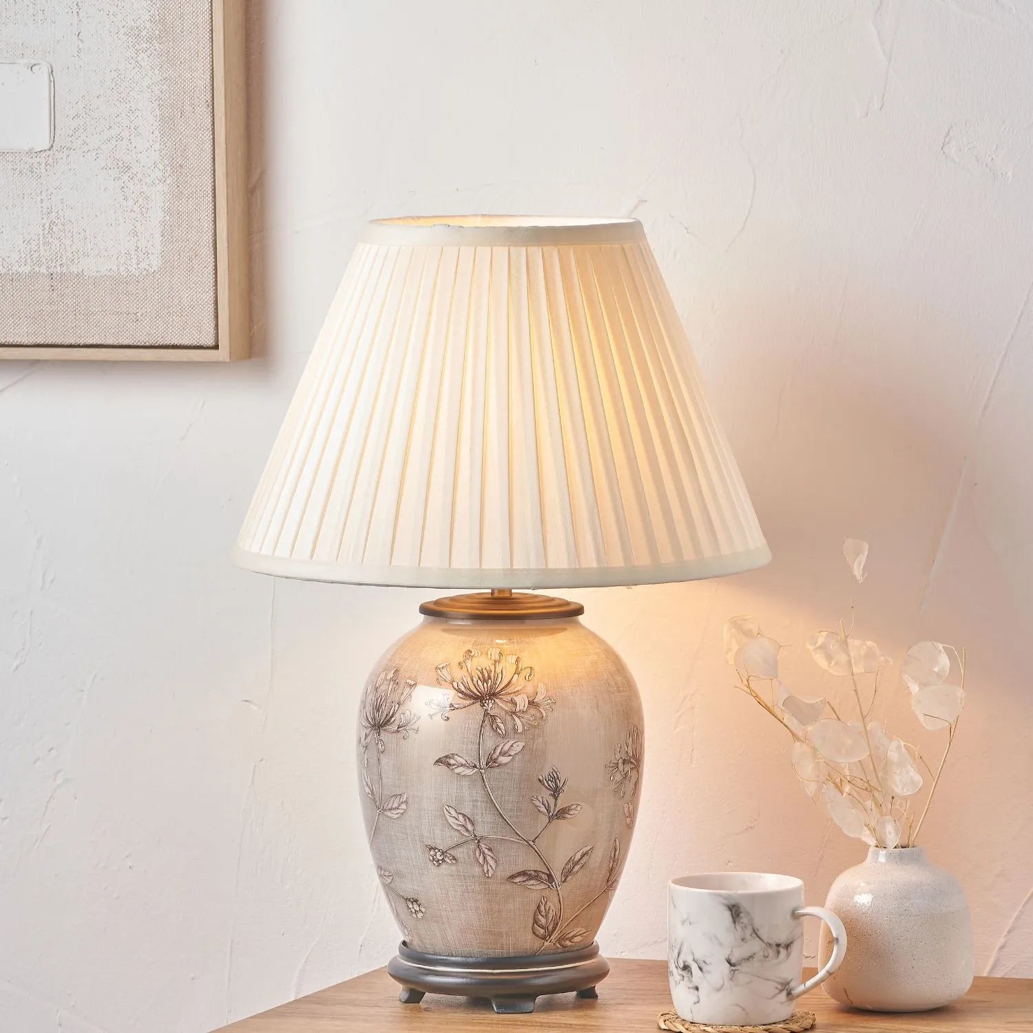 Jenny Worrall Honeysuckle & Foliage cream champagne gold glass table lamp base with bulbous shape and antique brass feet – handcrafted floral luxury lighting H35xW20xD20cm | Click Style