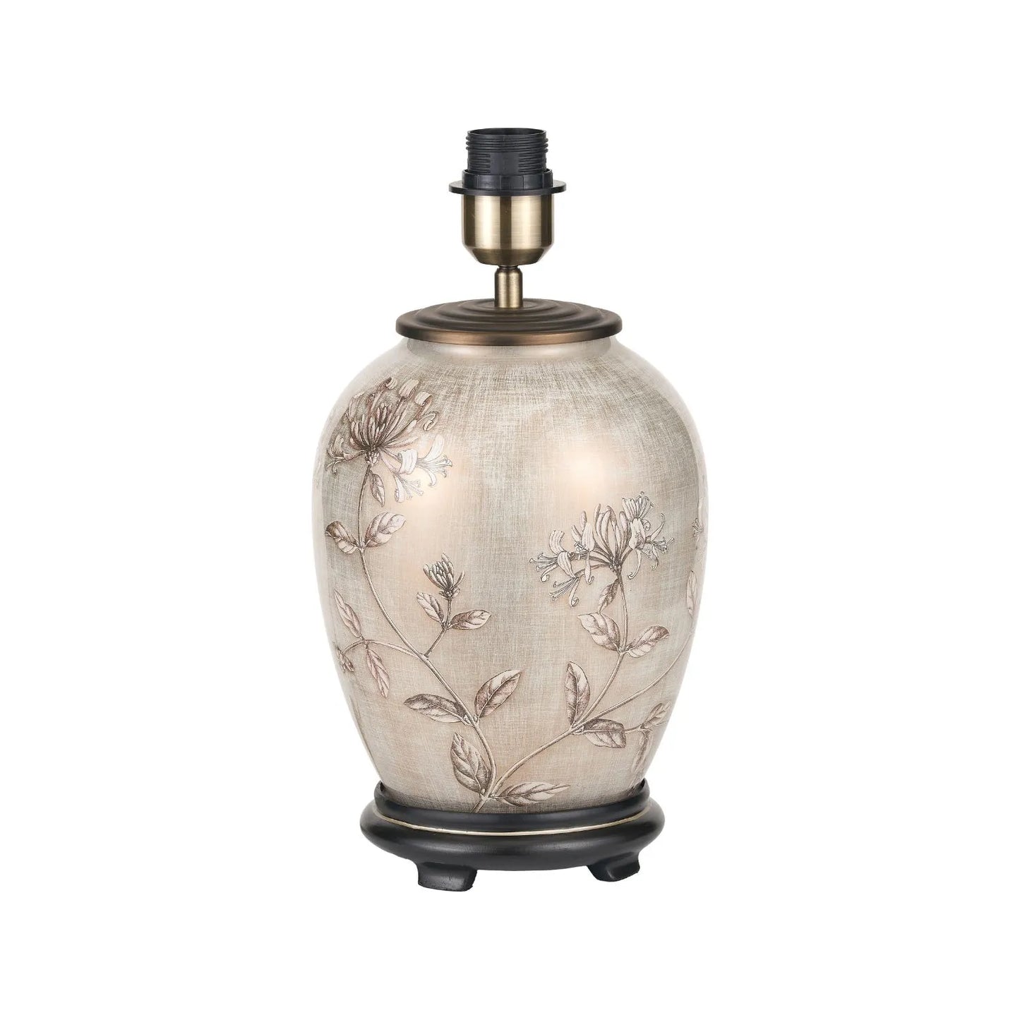 Jenny Worrall Honeysuckle & Foliage cream champagne gold glass table lamp base with bulbous shape and antique brass feet – handcrafted floral luxury lighting H35xW20xD20cm | Click Style
