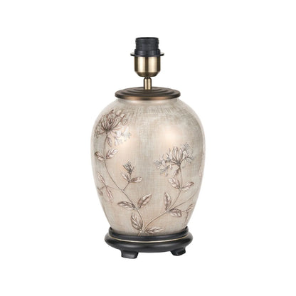 Jenny Worrall Honeysuckle & Foliage cream champagne gold glass table lamp base with bulbous shape and antique brass feet – handcrafted floral luxury lighting H35xW20xD20cm | Click Style