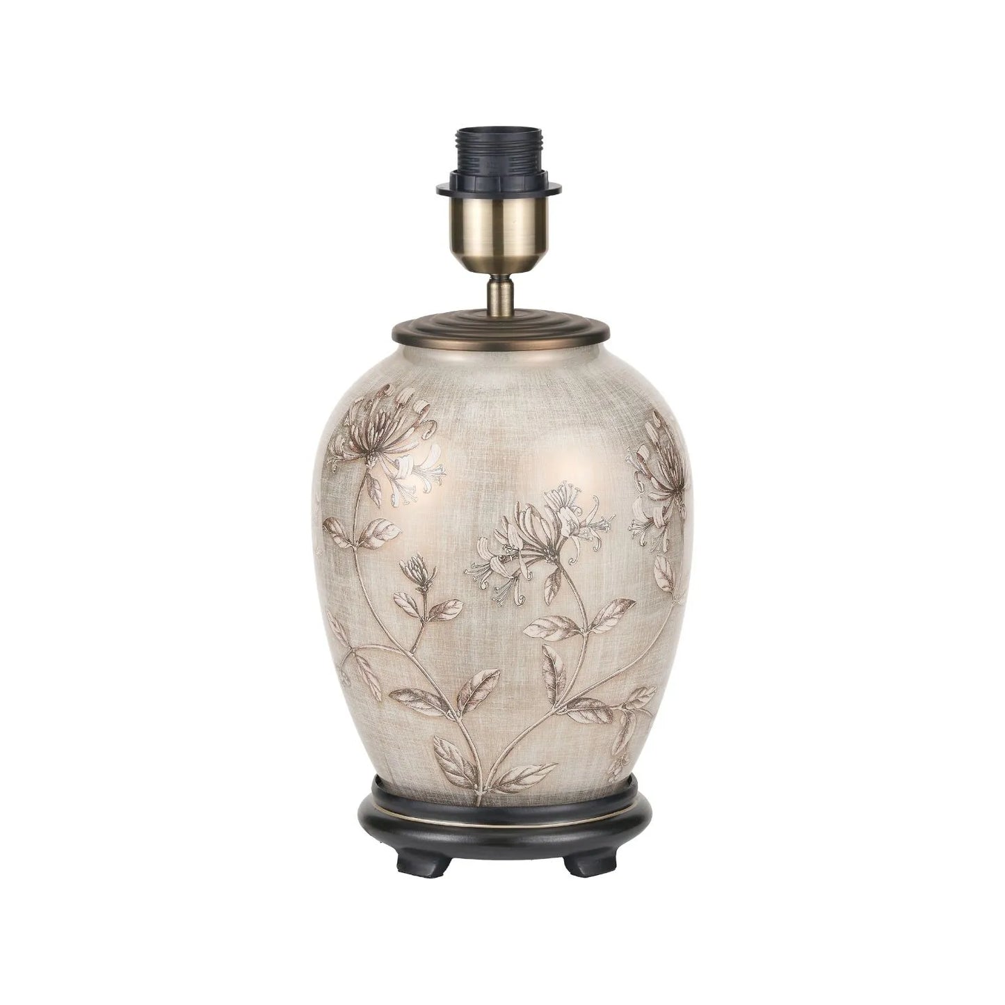 Jenny Worrall Honeysuckle & Foliage cream champagne gold glass table lamp base with bulbous shape and antique brass feet – handcrafted floral luxury lighting H35xW20xD20cm | Click Style