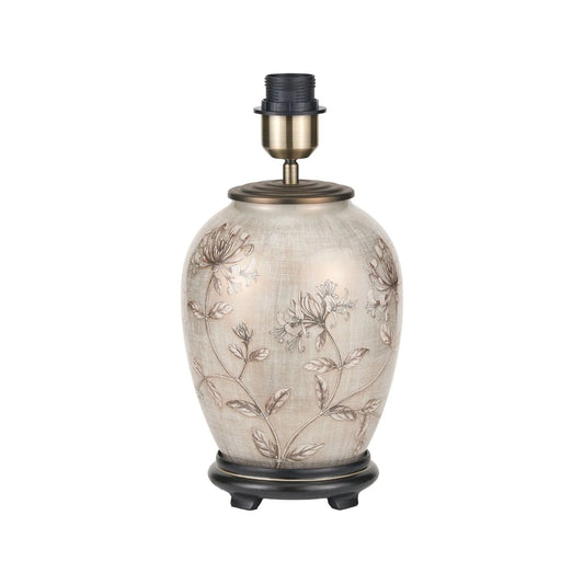 Jenny Worrall Honeysuckle & Foliage cream champagne gold glass table lamp base with bulbous shape and antique brass feet – handcrafted floral luxury lighting H35xW20xD20cm | Click Style