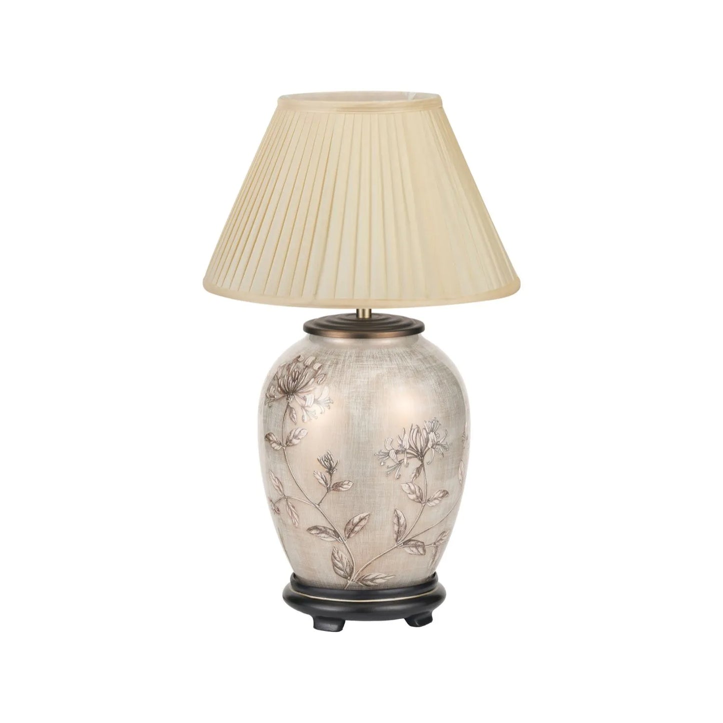 Jenny Worrall Honeysuckle & Foliage cream champagne gold glass table lamp base with bulbous shape and antique brass feet – handcrafted floral luxury lighting H35xW20xD20cm | Click Style
