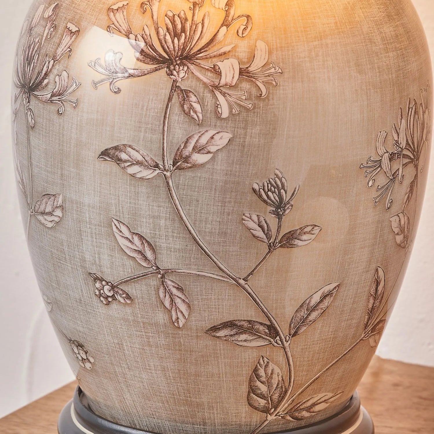 Jenny Worrall Honeysuckle & Foliage Cream Champagne Gold Glass Table Lamp with Almond Cream Silk Knife Pleat Tapered Shade | Click Style