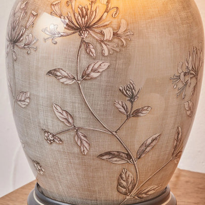 Jenny Worrall Honeysuckle & Foliage Cream Champagne Gold Glass Table Lamp with Almond Cream Silk Knife Pleat Tapered Shade | Click Style