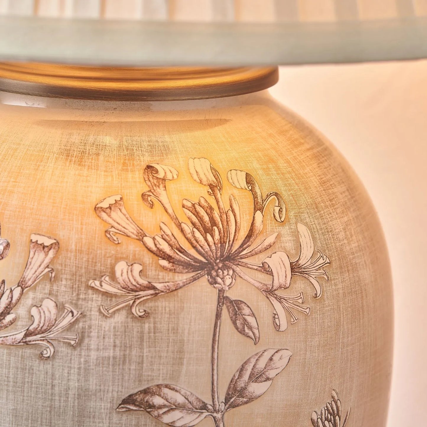 Jenny Worrall Honeysuckle & Foliage Cream Champagne Gold Glass Table Lamp with Almond Cream Silk Knife Pleat Tapered Shade | Click Style