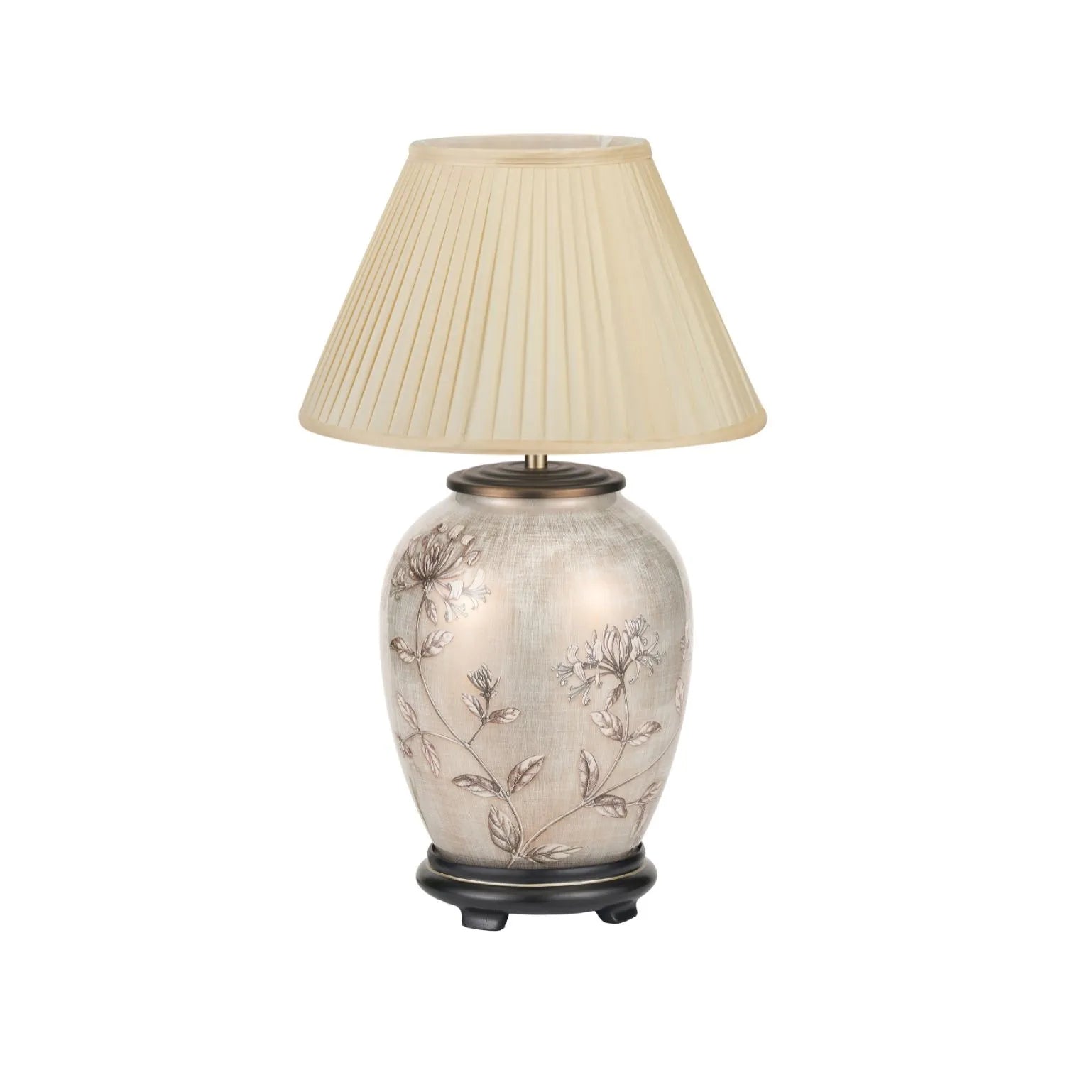 Jenny Worrall Honeysuckle & Foliage Cream Champagne Gold Glass Table Lamp with Almond Cream Silk Knife Pleat Tapered Shade | Click Style