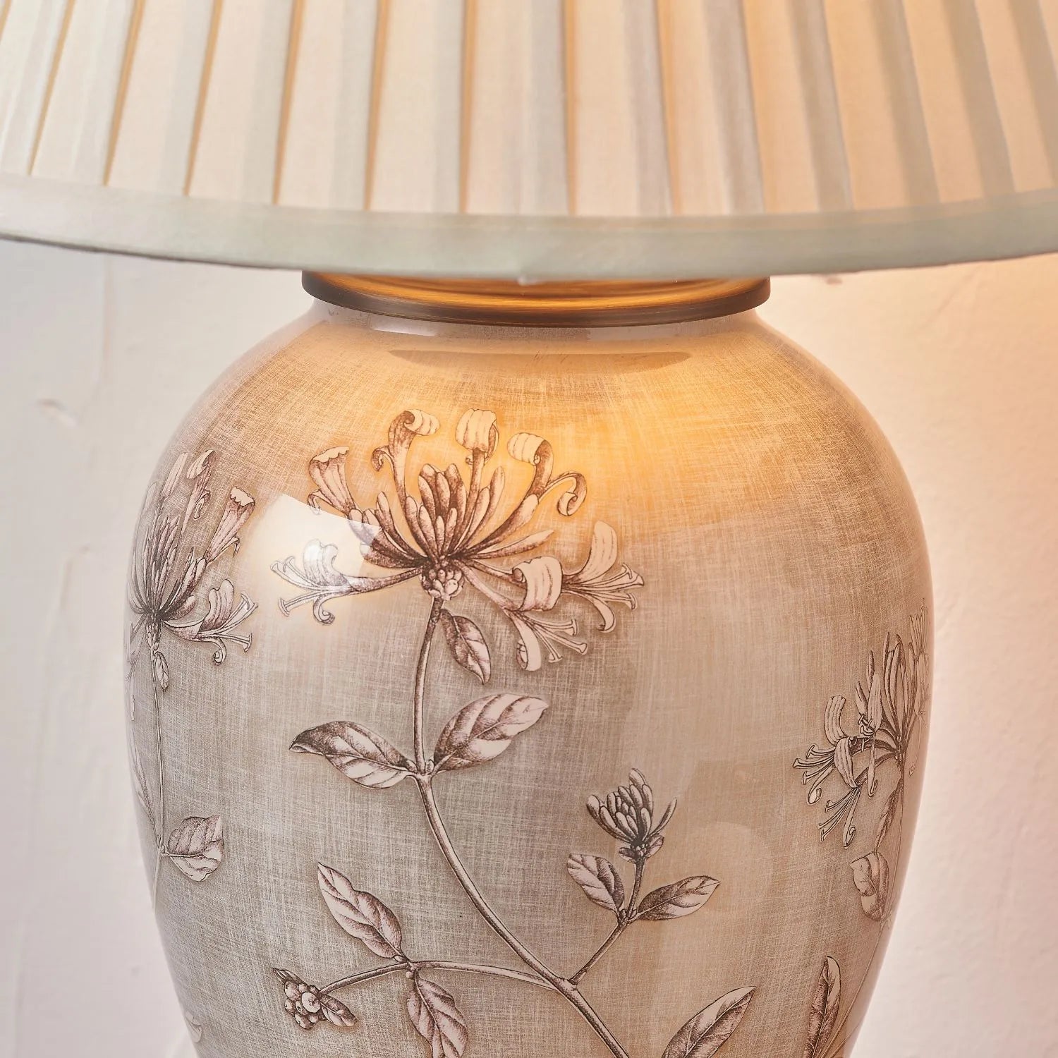 Jenny Worrall Honeysuckle & Foliage Cream Champagne Gold Glass Table Lamp with Almond Cream Silk Knife Pleat Tapered Shade | Click Style