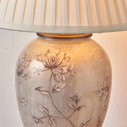 Jenny Worrall Honeysuckle & Foliage Cream Champagne Gold Glass Table Lamp with Almond Cream Silk Knife Pleat Tapered Shade | Click Style