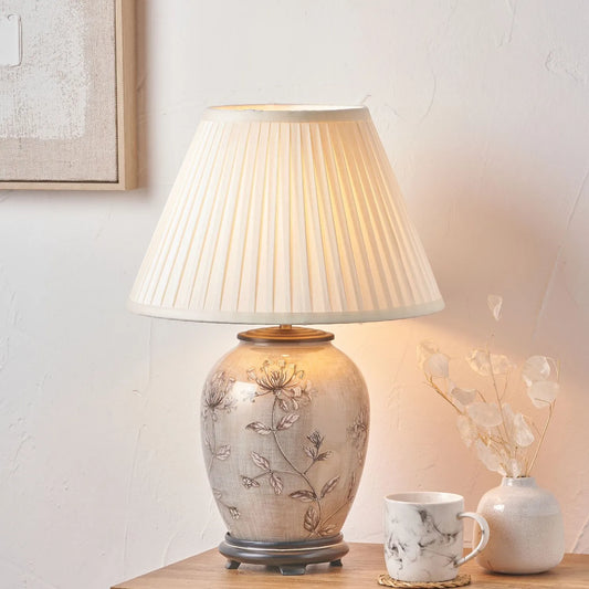 Jenny Worrall Honeysuckle & Foliage Cream Champagne Gold Glass Table Lamp with Almond Cream Silk Knife Pleat Tapered Shade | Click Style