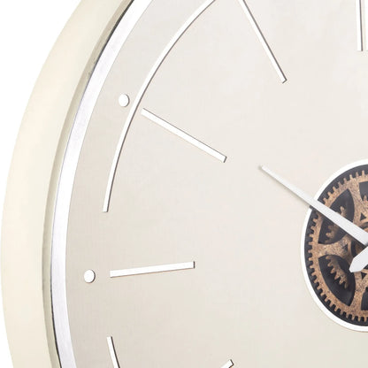 Ivory & Silver Round Wooden Wall Clock with Moving Cog Design Baton & Dot Markers 60x7cm - Click Style