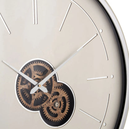 Ivory & Silver Round Wooden Wall Clock with Moving Cog Design Baton & Dot Markers 60x7cm - Click Style