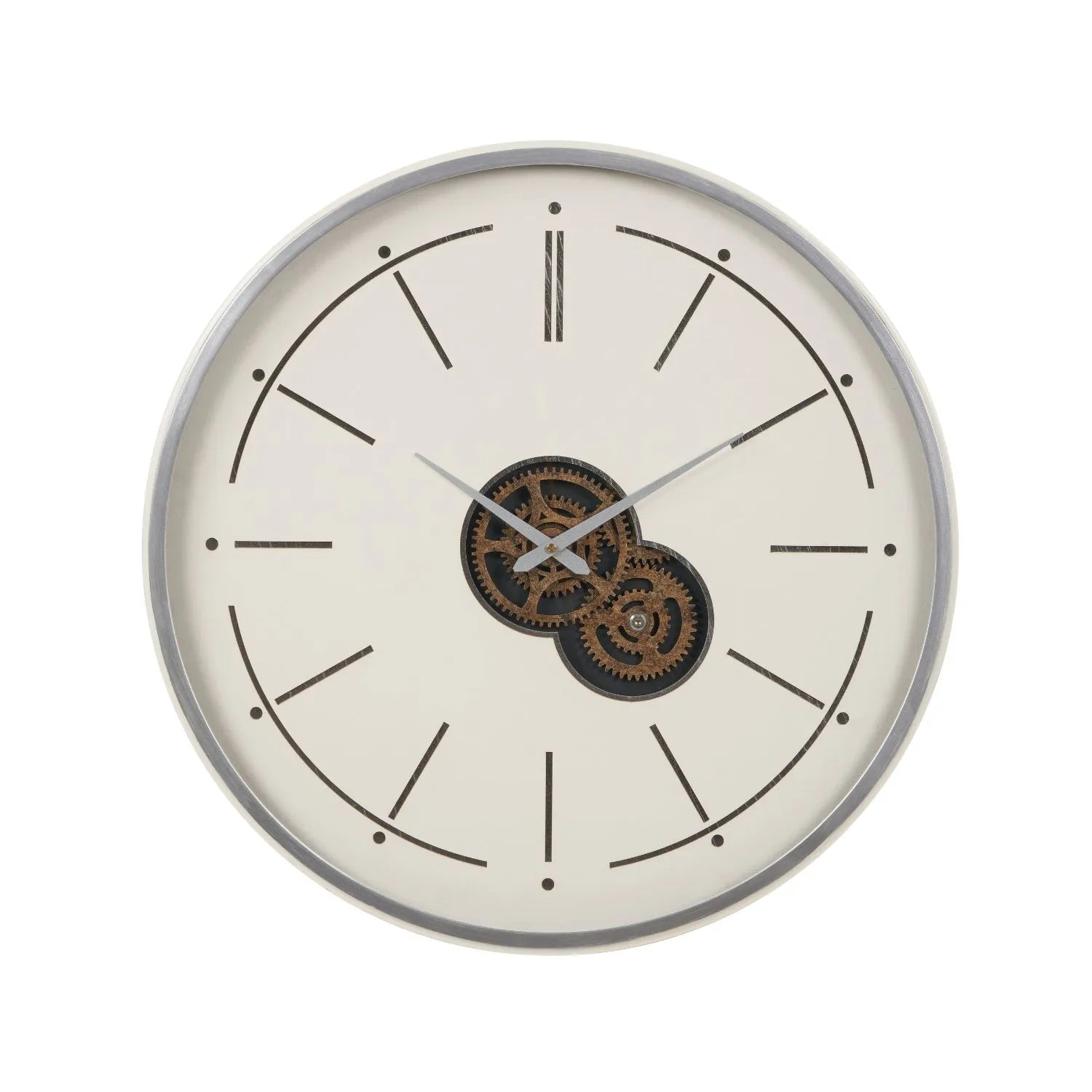 Ivory & Silver Round Wooden Wall Clock with Moving Cog Design Baton & Dot Markers 60x7cm - Click Style