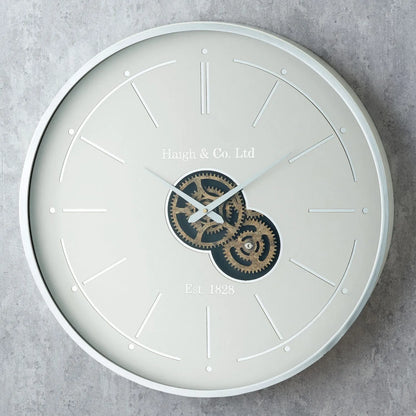 Ivory & Silver Round Wooden Wall Clock with Moving Cog Design Baton & Dot Markers 60x7cm - Click Style