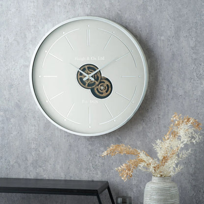 Ivory & Silver Round Wooden Wall Clock with Moving Cog Design Baton & Dot Markers 60x7cm - Click Style