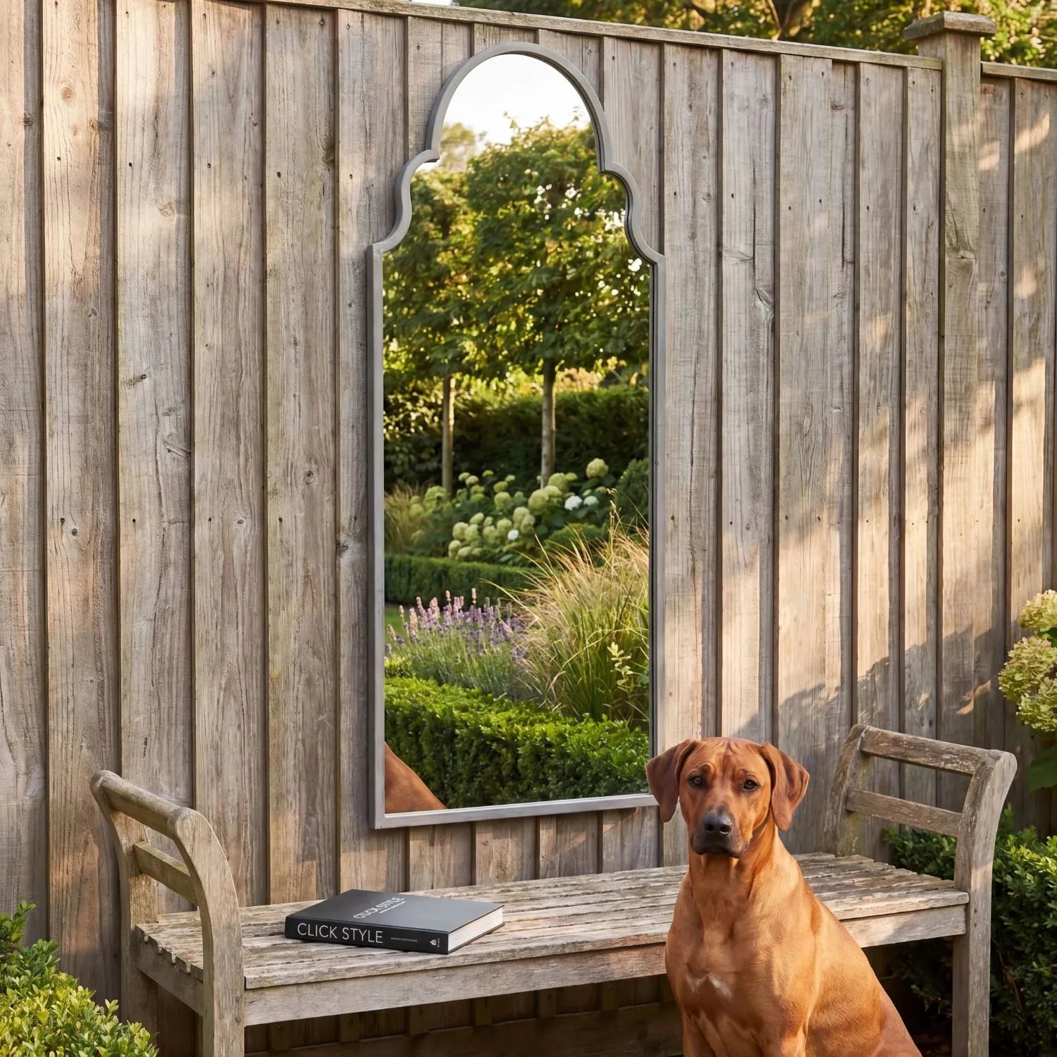 Kensington Large Moorish Vintage Grey Metal Garden Mirror 150x61x3cm – tall arched outdoor garden mirror with vintage grey metal frame, Moorish-inspired window design and reflective glass panel to enhance light and create depth in patios, courtyards, terraces and elegant UK garden spaces | Click Style