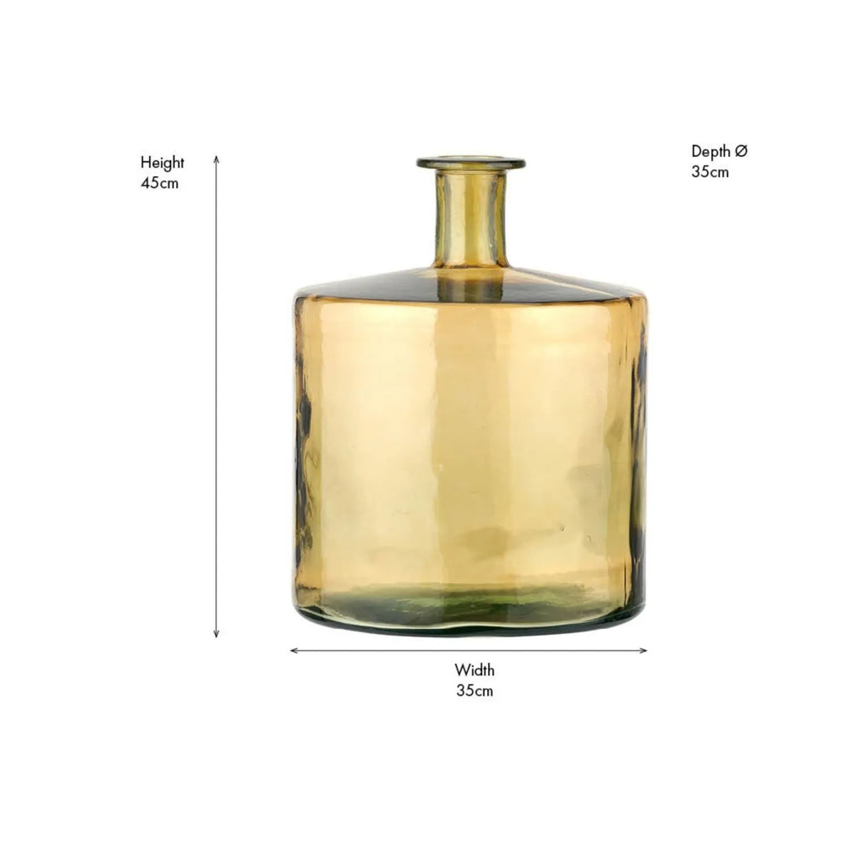 Large Amber Yellow Recycled Glass Bottle Vase with Narrow Neck – Wide Decorative Floor Vase 45x35x35cm – Dimensions Showing 45cm Height & 35cm Width and Depth | Click Style