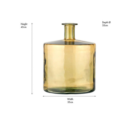 Large Amber Yellow Recycled Glass Bottle Vase with Narrow Neck – Wide Decorative Floor Vase 45x35x35cm – Dimensions Showing 45cm Height & 35cm Width and Depth | Click Style