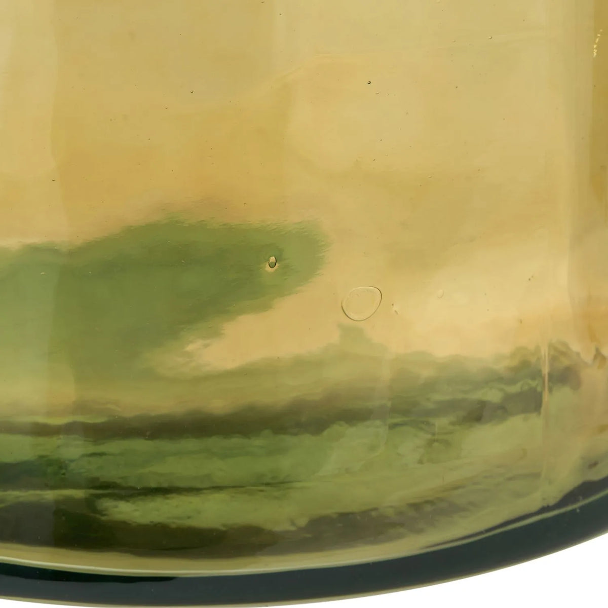 Large Amber Yellow Recycled Glass Bottle Vase with Narrow Neck – Wide Decorative Floor Vase 45x35x35cm – Close-Up of Thick Green-Toned Glass Base Bubbles & Natural Irregularities | Click Style