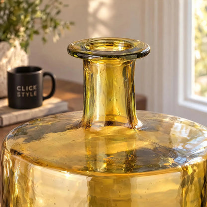Large Amber Yellow Recycled Glass Bottle Vase with Narrow Neck – Wide Decorative Floor Vase 45x35x35cm – Lifestyle Close-Up Showing Thick Rolled Rim Recycled Glass Bubbles & Amber Detail | Click Style