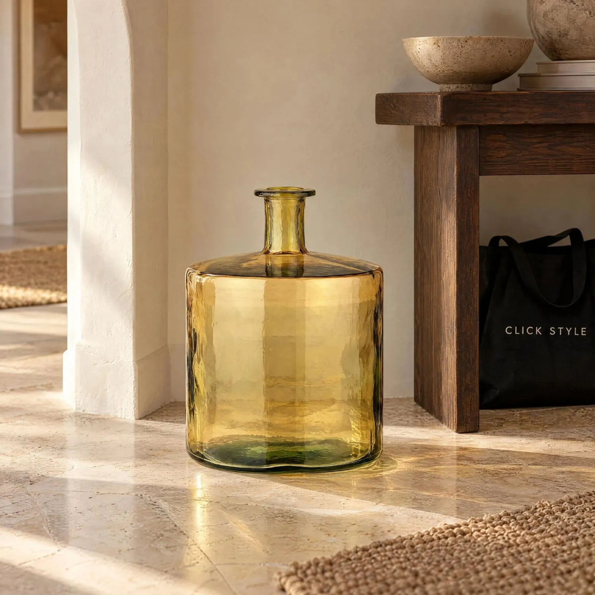 Large Amber Yellow Recycled Glass Bottle Vase with Narrow Neck – Wide Decorative Floor Vase 45x35x35cm – Displayed Empty Beside a Dark Wood Console Table | Click Style