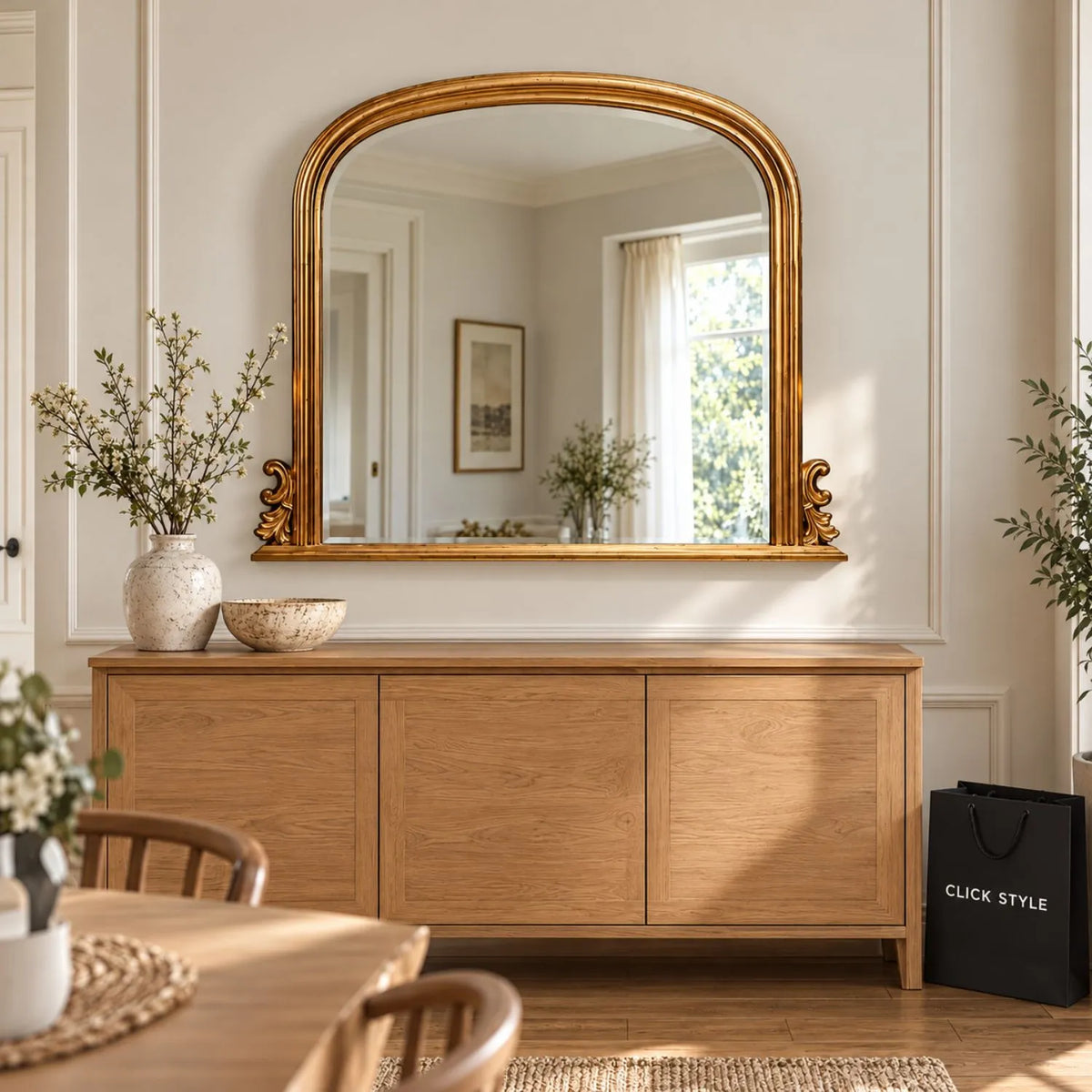 Large Antique Gold Overmantel Mirror with Arched Top & Ornate Scrollwork – Bevelled Glass Gold Leaf Effect Mantle Mirror 94x118x6cm mounted above a natural oak sideboard in a contemporary dining room with neutral walls, decorative ceramics and soft natural daylight | Click Style