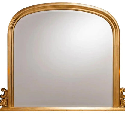 Large Antique Gold Overmantel Mirror with Arched Top & Ornate Scrollwork – Bevelled Glass Gold Leaf Effect Mantle Mirror 94x118x6cm close-up front view highlighting the rounded arched top, layered gold frame and bevelled mirror glass | Click Style