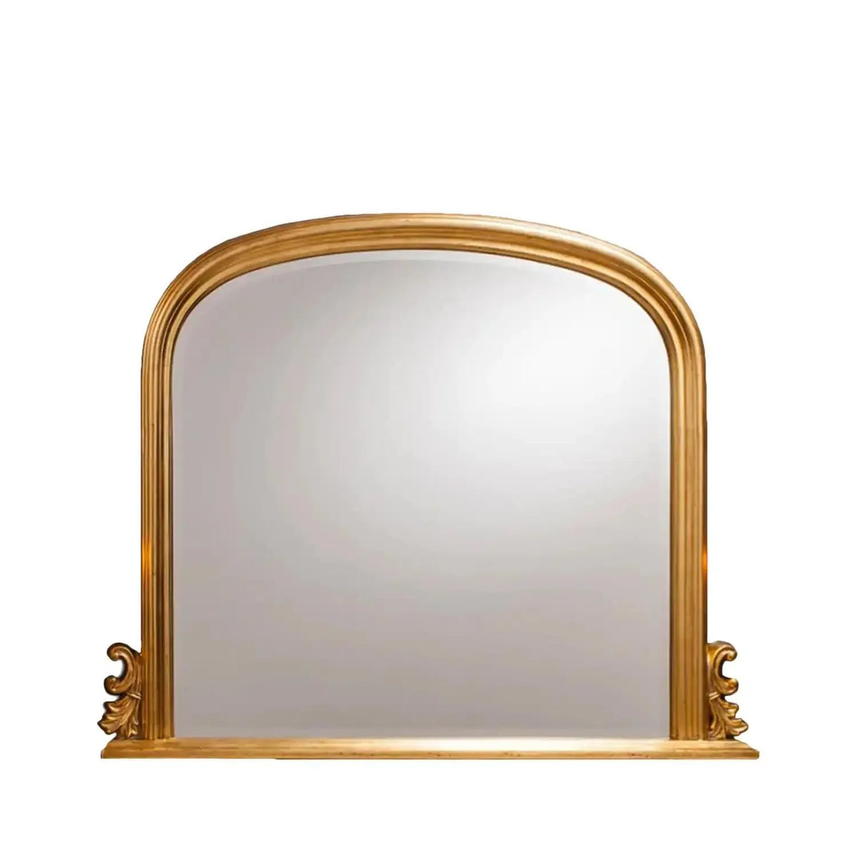 Large Antique Gold Overmantel Mirror with Arched Top & Ornate Scrollwork – Bevelled Glass Gold Leaf Effect Mantle Mirror 94x118x6cm showing the complete wide arched frame with decorative scrollwork and leaf detailing at both lower corners against a white background | Click Style