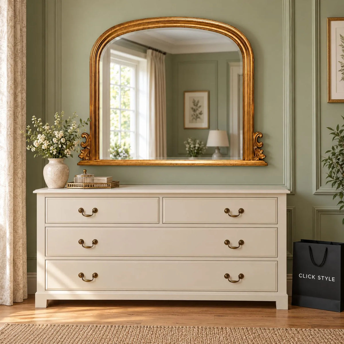 Large Antique Gold Overmantel Mirror with Arched Top & Ornate Scrollwork – Bevelled Glass Gold Leaf Effect Mantle Mirror 94x118x6cm centred above a cream chest of drawers with antique brass handles in an elegant bedroom with sage green panelled walls and white floral arrangement | Click Style