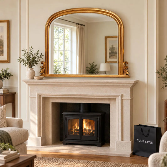 Large Antique Gold Overmantel Mirror with Arched Top & Ornate Scrollwork – Bevelled Glass Gold Leaf Effect Mantle Mirror 94x118x6cm displayed above a traditional limestone fireplace in an elegant British living room with ivory panelled walls and black wood-burning stove | Click Style