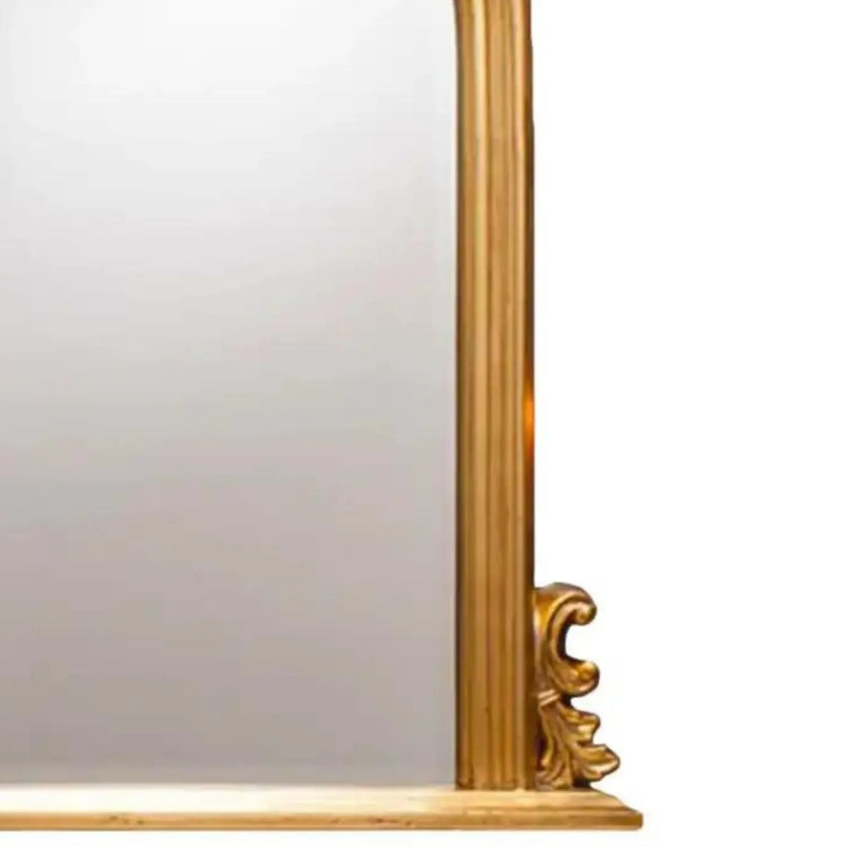 Large Antique Gold Overmantel Mirror with Arched Top & Ornate Scrollwork – Bevelled Glass Gold Leaf Effect Mantle Mirror 94x118x6cm close-up of the right lower corner highlighting decorative gold scrollwork, leaf detailing, vertical frame grooves and the bottom ledge | Click Style