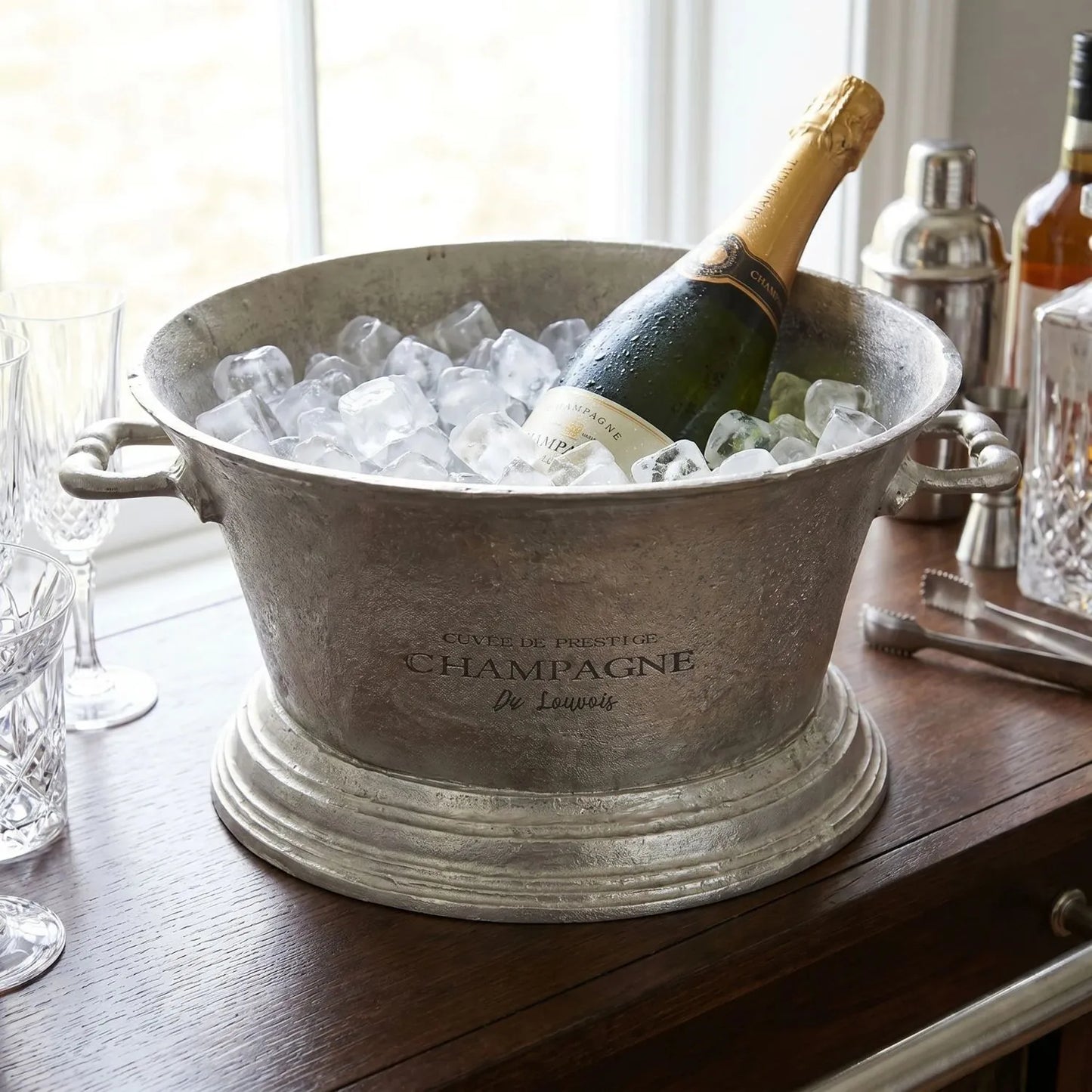Large Antique Pewter Silver Champagne Cooler with Side Handles – Matt Metal Champagne & Wine Cooler Bucket for Ice, Prosecco, Beer & Party Drinks, Vintage Oval Drinks Tub Centrepiece for Dining Table, Home Bar, Dining Room, Kitchen or Drinks Trolley 23x48x35cm | Click Style