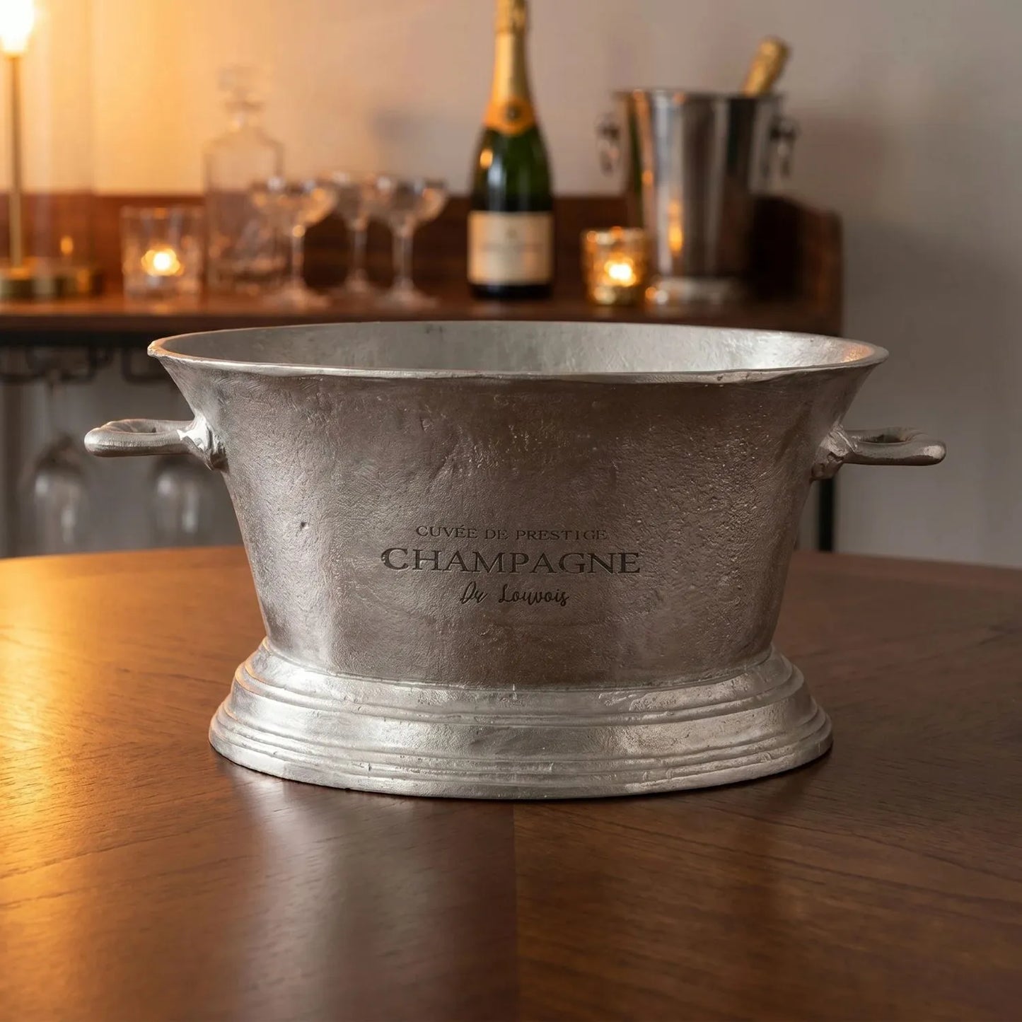 Large Antique Pewter Silver Champagne Cooler with Side Handles – Matt Metal Champagne & Wine Cooler Bucket for Ice, Prosecco, Beer & Party Drinks, Vintage Oval Drinks Tub Centrepiece for Dining Table, Home Bar, Dining Room, Kitchen or Drinks Trolley 23x48x35cm | Click Style